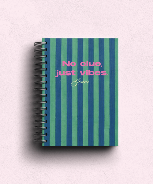 No Clue, Just Vibes Pink Personalised Hardback Notebook - A5 or A6 - Ruled, Plain or Planner